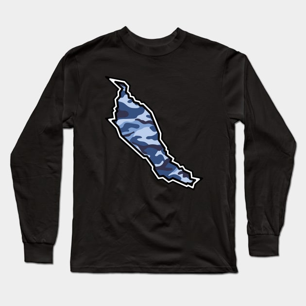 Denman Island Silhouette in Blue Camouflage - Army Camo Pattern - Denman Island Long Sleeve T-Shirt by Bleeding Red Paint